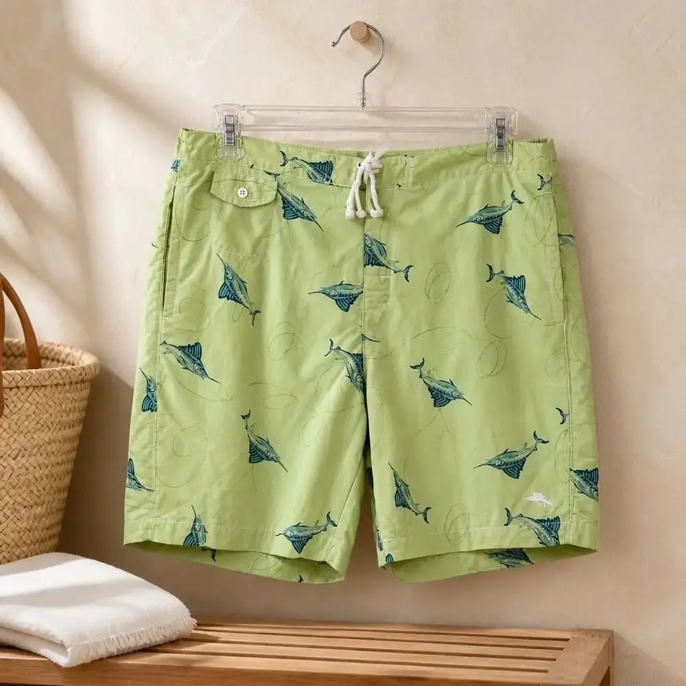 Tommy Bahama Swordfish Print Green Swim Trunks #1260